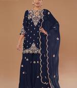 Navy blue embroidered vichitra semi-stitched palazzo style salwar suit