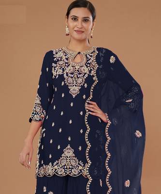 Navy blue embroidered vichitra stitched palazzo style salwar suit 2