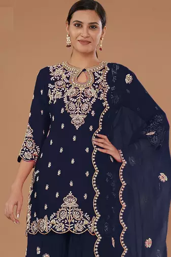 Navy blue embroidered vichitra stitched palazzo style salwar suit