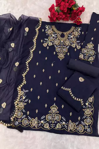 Navy blue embroidered vichitra stitched palazzo style salwar suit