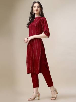 Red color art silk blend mandarin neck kurti 5