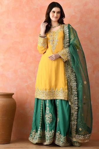 Yellow gotta sharara set with crystal detailing