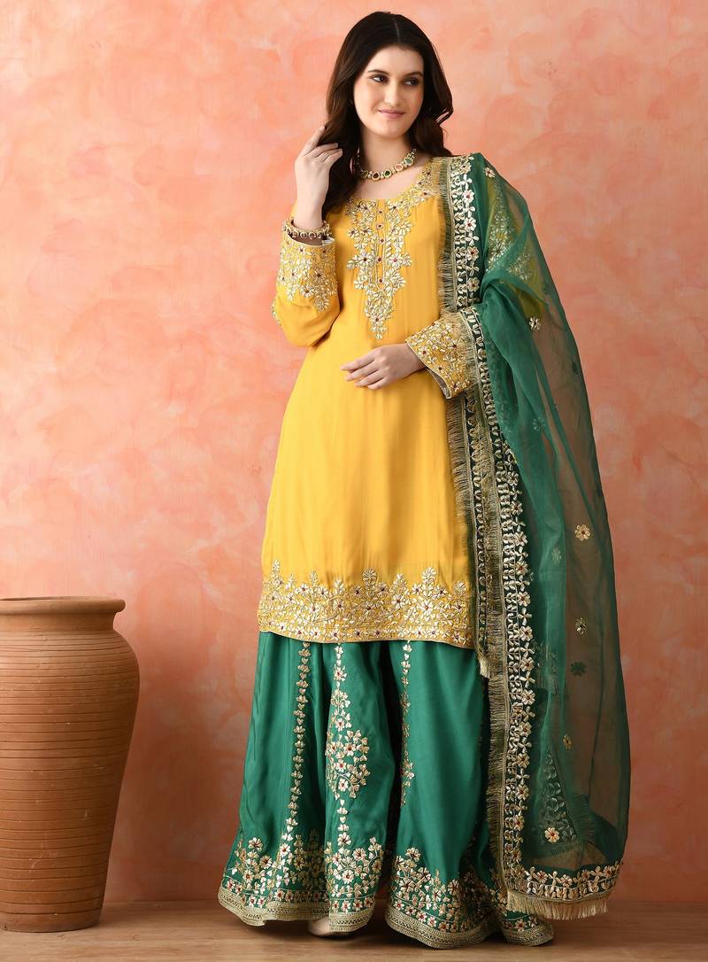 Yellow gotta sharara set with crystal detailing
