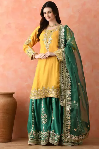 Yellow gotta sharara set with crystal detailing