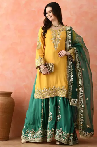 Yellow gotta sharara set with crystal detailing