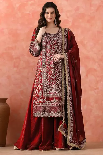 Maroon sharara set with zardozi & dabka work