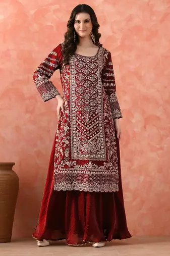 Maroon sharara set with zardozi & dabka work