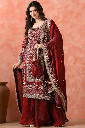 Maroon sharara set with zardozi & dabka work