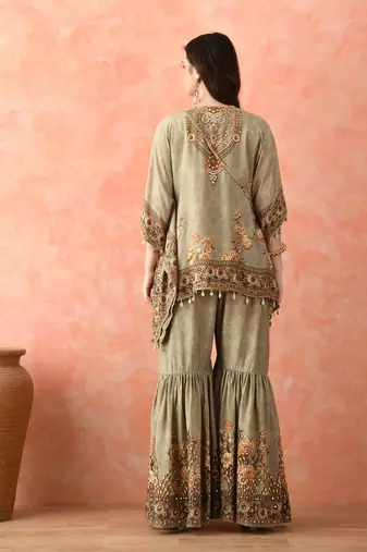 Pista green kaftaan gharara with mirror work