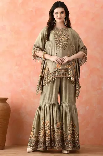 Pista green kaftaan gharara with mirror work