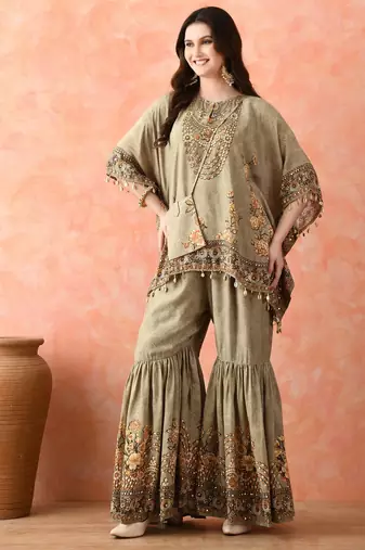 Pista green kaftaan gharara with mirror work