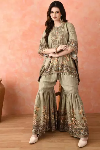 Pista green kaftaan gharara with mirror work