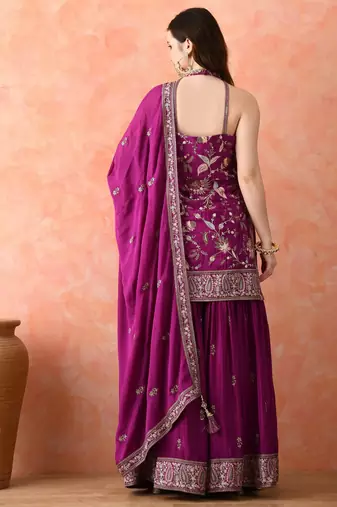 Purple gharara set with zardozi & thread work