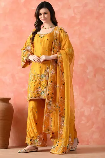 Yellow kurta set with thread, pearl & zardozi work