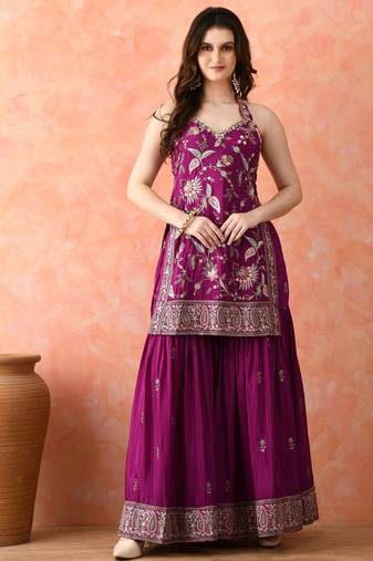 Purple gharara set with zardozi & thread work