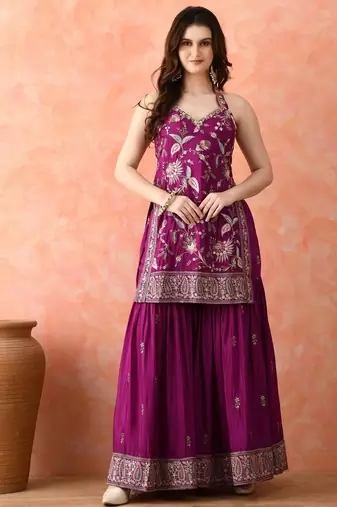 Purple gharara set with zardozi & thread work