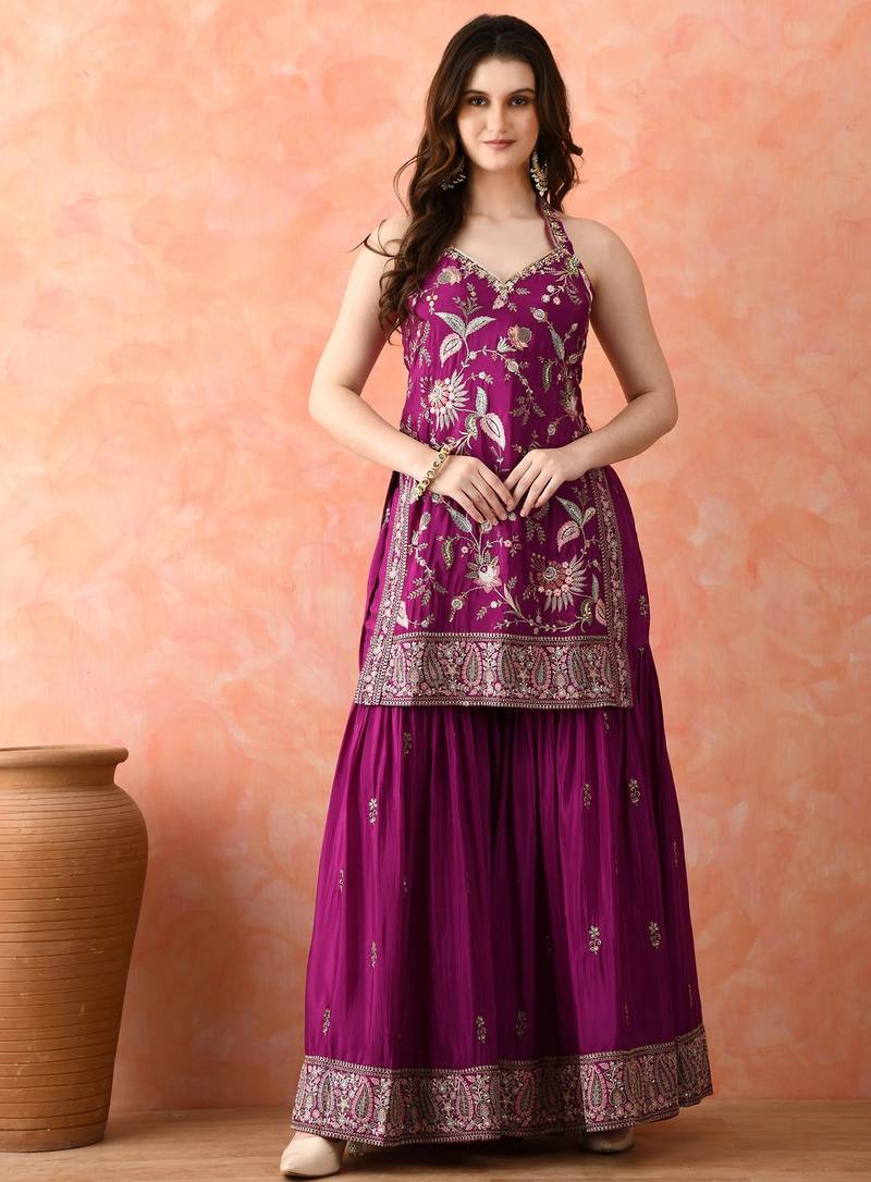 Purple gharara set with zardozi & thread work