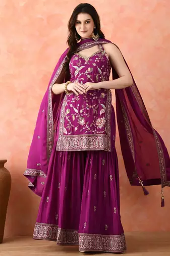 Purple gharara set with zardozi & thread work