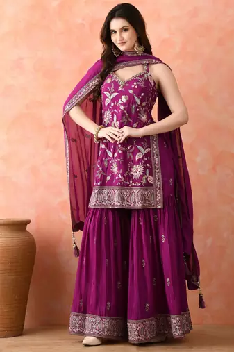 Purple gharara set with zardozi & thread work