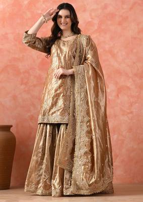 Golden gharara set with zardozi & kundan embroidery 1