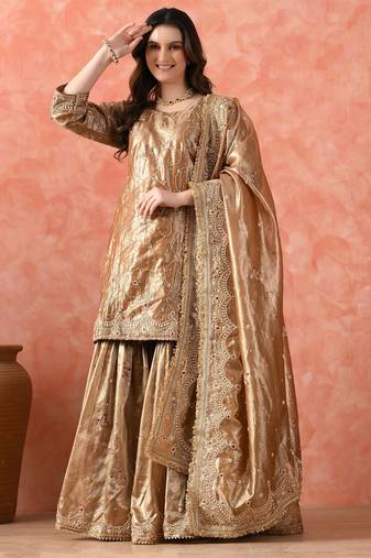 Golden gharara set with zardozi & kundan embroidery