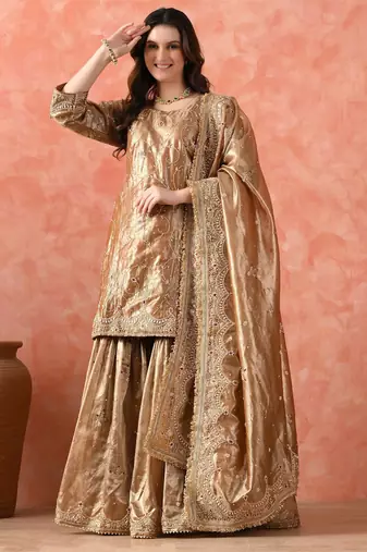 Golden gharara set with zardozi & kundan embroidery