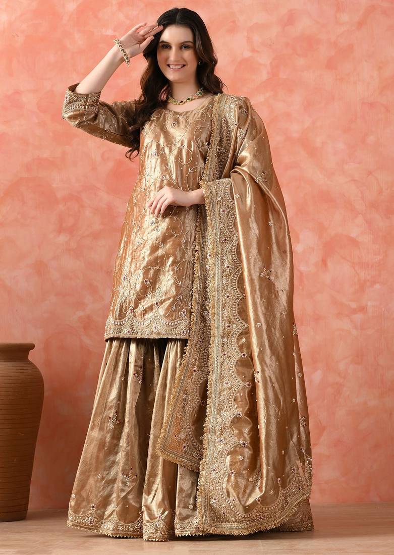 Golden gharara set with zardozi & kundan embroidery