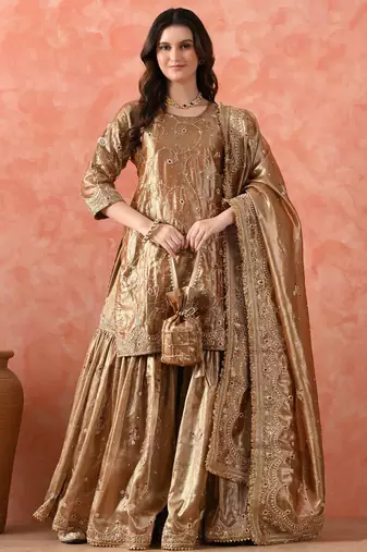Golden gharara set with zardozi & kundan embroidery