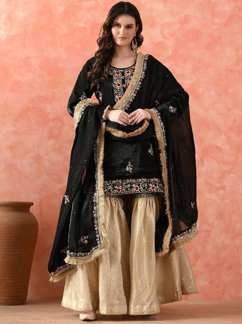 Black gharara set with zardozi & dabka work