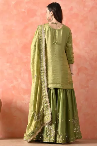 Green gharara set with mirror & cutdana work