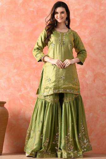 Green gharara set with mirror & cutdana work