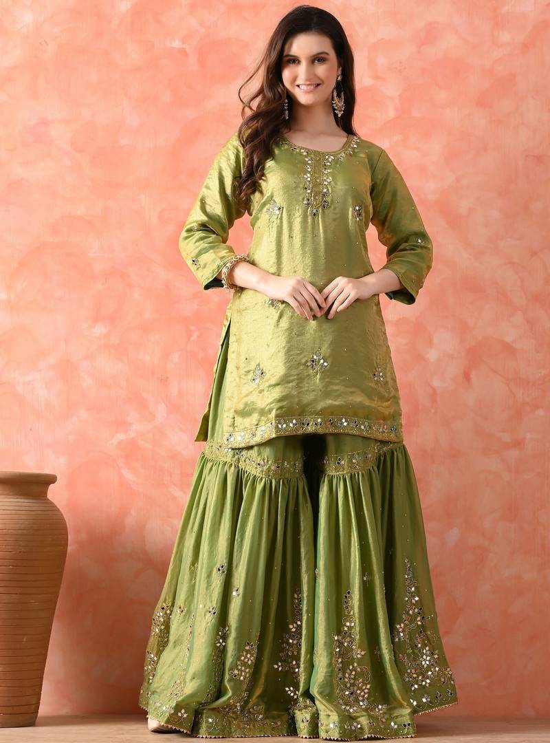 Green gharara set with mirror & cutdana work