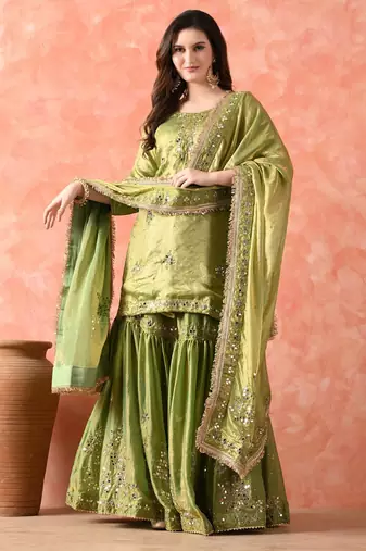 Green gharara set with mirror & cutdana work