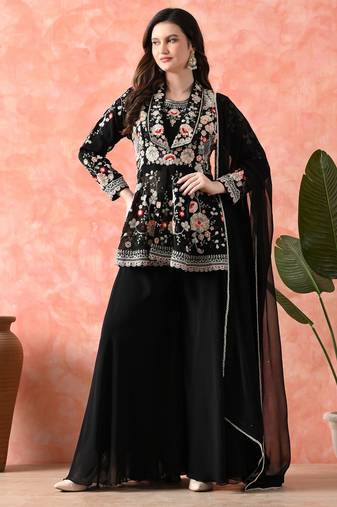 Black sharara set with thread & cutdana work