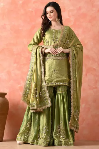 Green gharara set with mirror & cutdana work