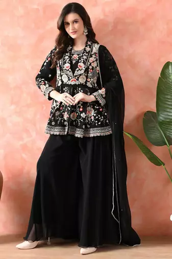 Black sharara set with thread & cutdana work