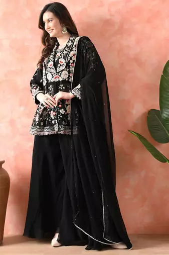 Black sharara set with thread & cutdana work