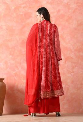 Red anarkali set with mirror & pearl work 2