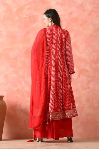 Red anarkali set with mirror & pearl work