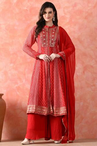 Red anarkali set with mirror & pearl work