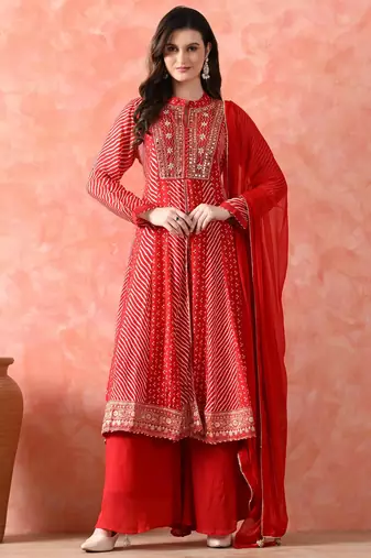 Red anarkali set with mirror & pearl work