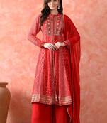 Red anarkali set with mirror & pearl work
