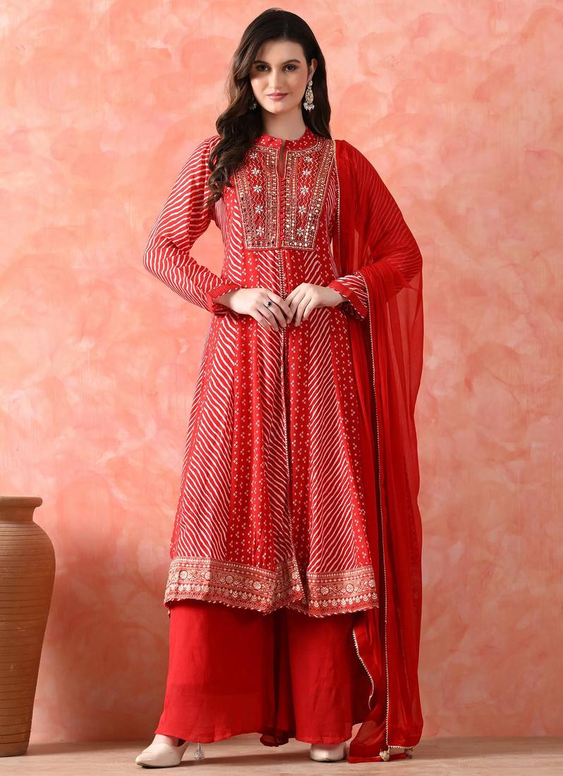 Red anarkali set with mirror & pearl work