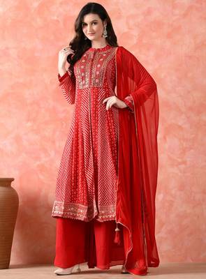 Red anarkali set with mirror & pearl work 3
