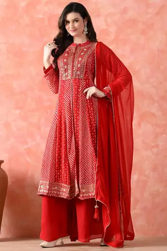 Red anarkali set with mirror & pearl work