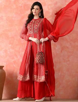 Red anarkali set with mirror & pearl work 4