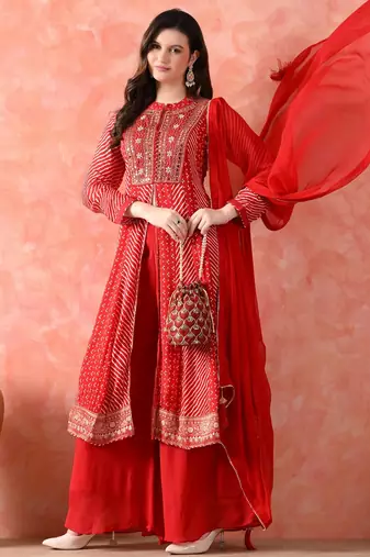 Red anarkali set with mirror & pearl work