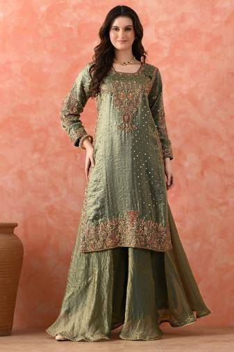 Green sharara set with zardozi & pearl detailing