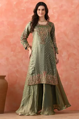 Green sharara set with zardozi & pearl detailing