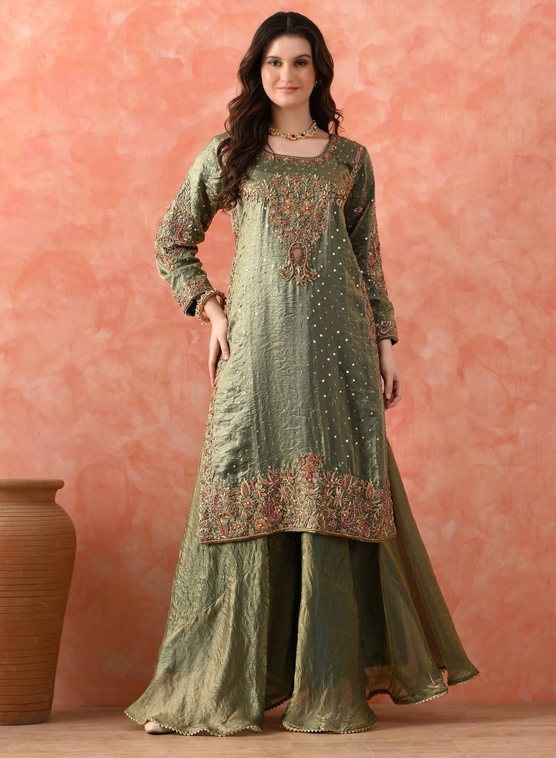 Green sharara set with zardozi & pearl detailing